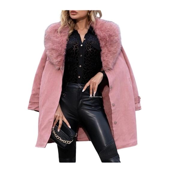 New Giolshon Women Large Faux Suede Leather Pink Snow Bunny Glam Fashion Trench - Picture 6 of 7